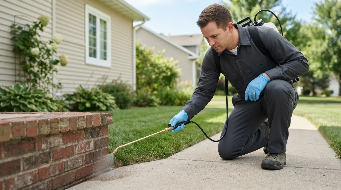 Pest control technician treating a home near Lone Jack, MO
